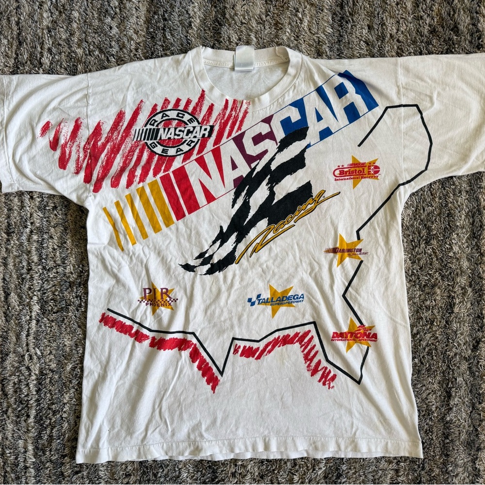 Vintage 90s NASCAR All Over Print T-Shirt XL AOP Fruit of the Loom Multi-Track